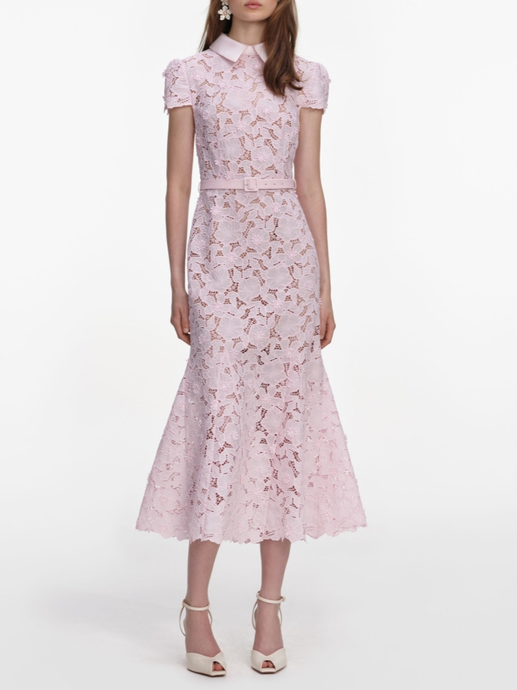 Midi Skirt Floral - Sexy Lapel Neck Hollow Out Flower
