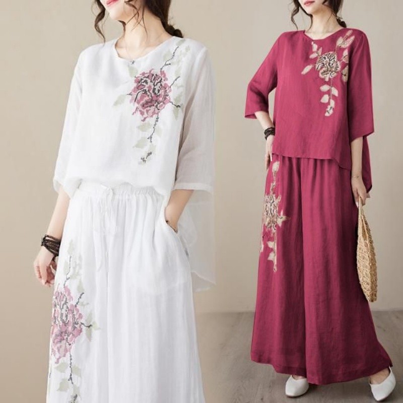 Linen Cotton Two Piece Set Wom - Linen Pant Wide review and price