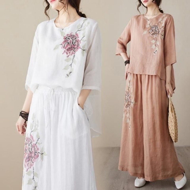 Linen Cotton Two Piece Set Wom - Linen Pant Wide review and price